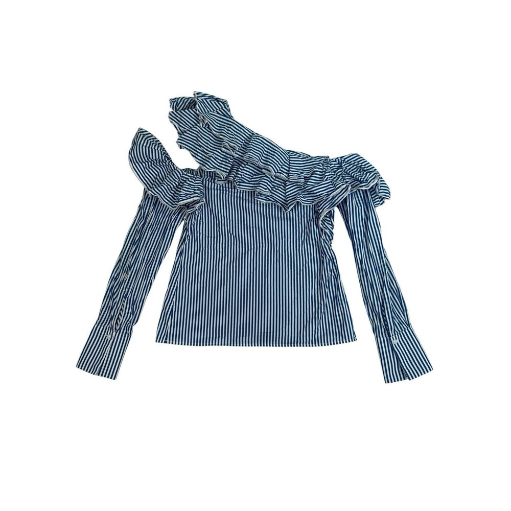 Leith Blue White Stripe Off Shoulder Ruffle Top One Shoulder Blouse XS Cotton - Picture 5 of 6